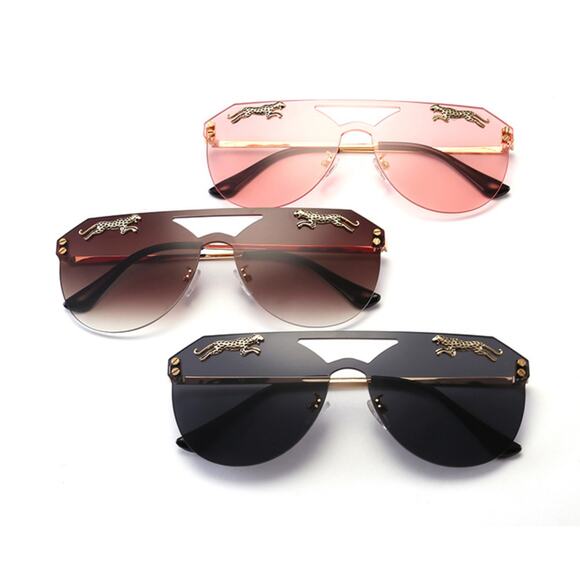 LUXURY Rimless Oversized Cateye Leopard Tiger Sunglasses Gold Accent Brown NEW - Picture 5 of 6